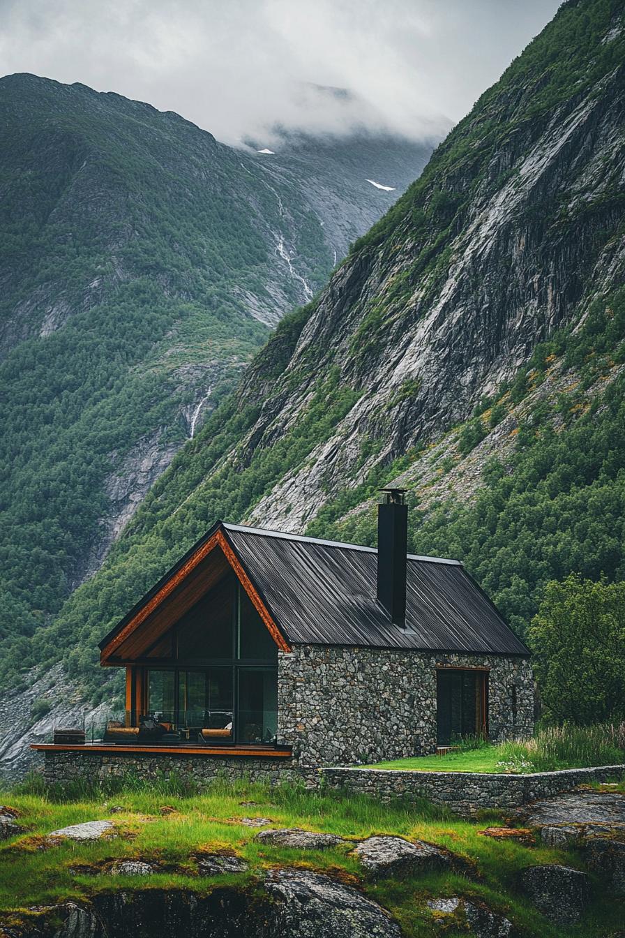 mountain house with imposing green mountains in the background 1