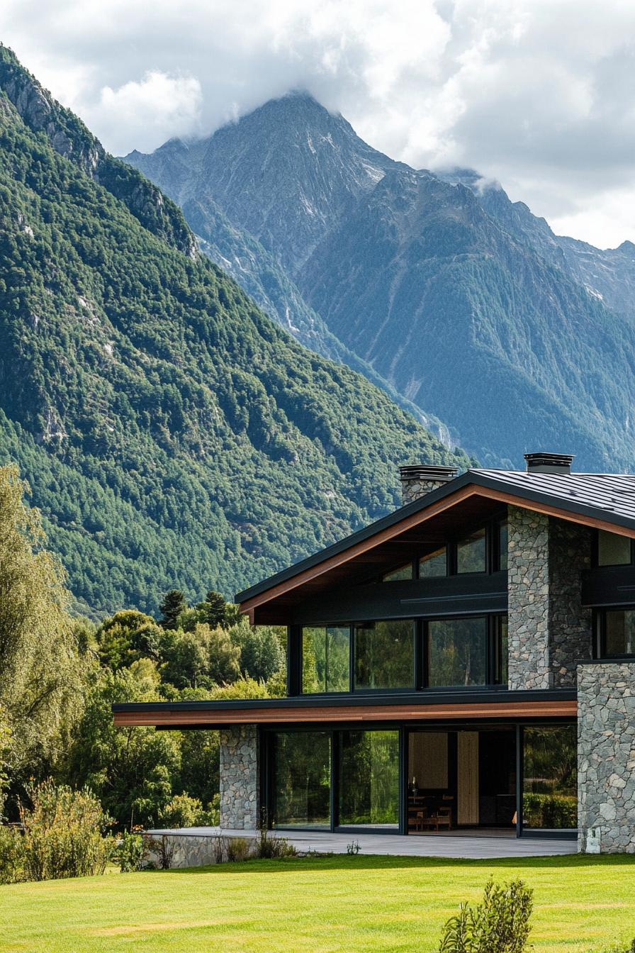 mountain house with imposing green mountains in the background 3