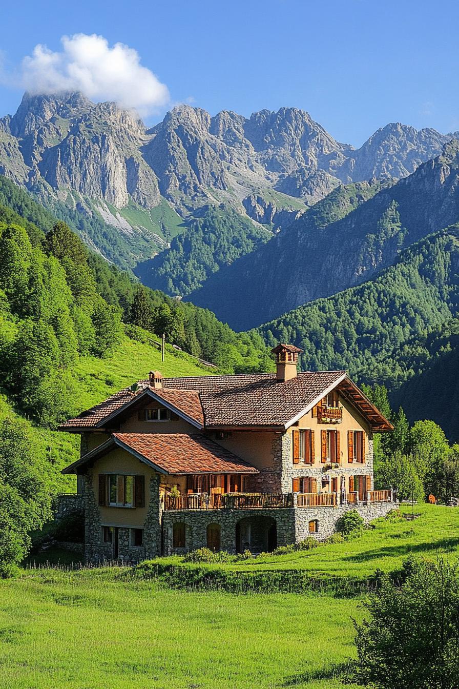 mountain house with imposing green mountains in the background