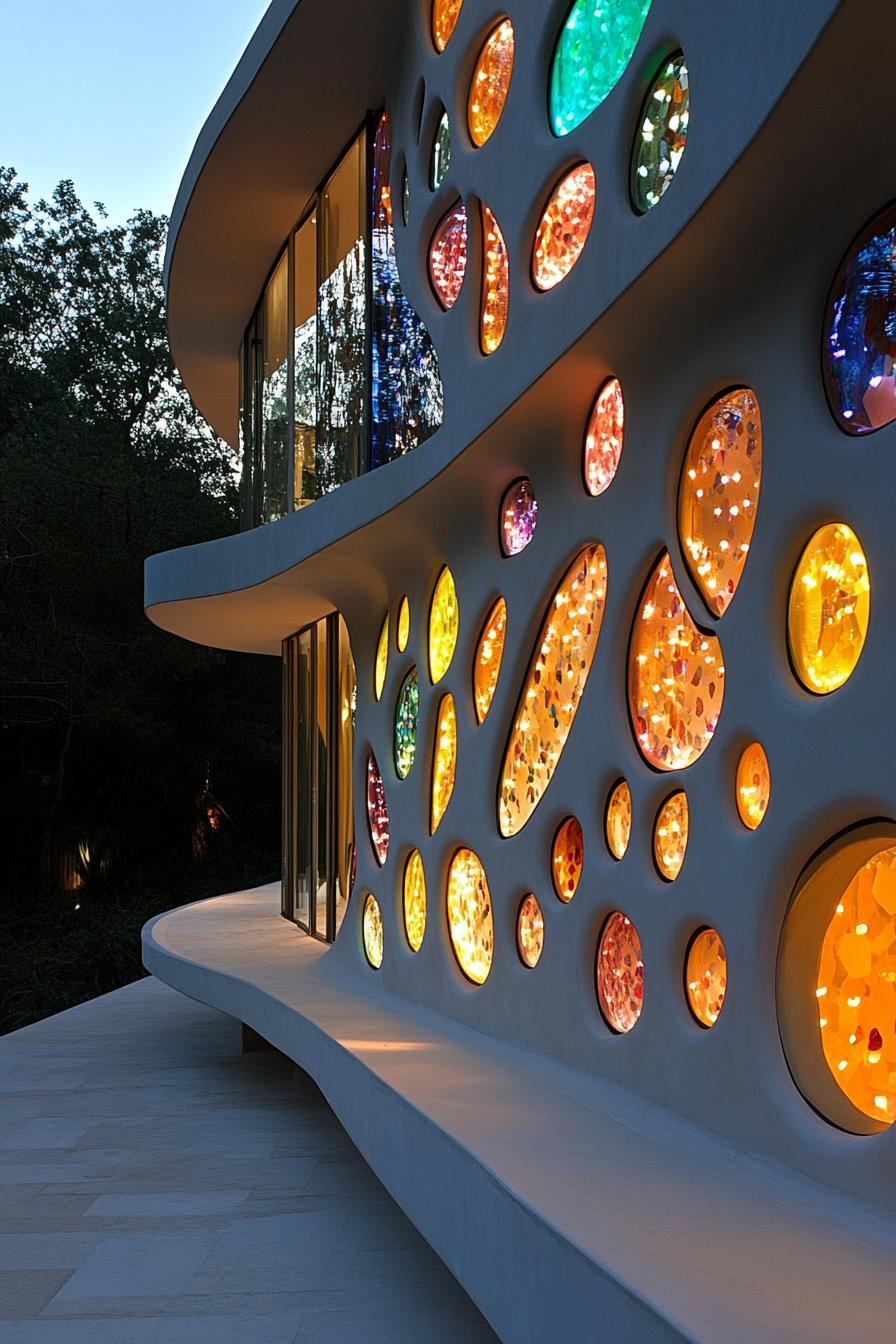 organic architecture house facade shell shaped with perforated wall filled with multi color glass daylight shines through the colored glass creating 1