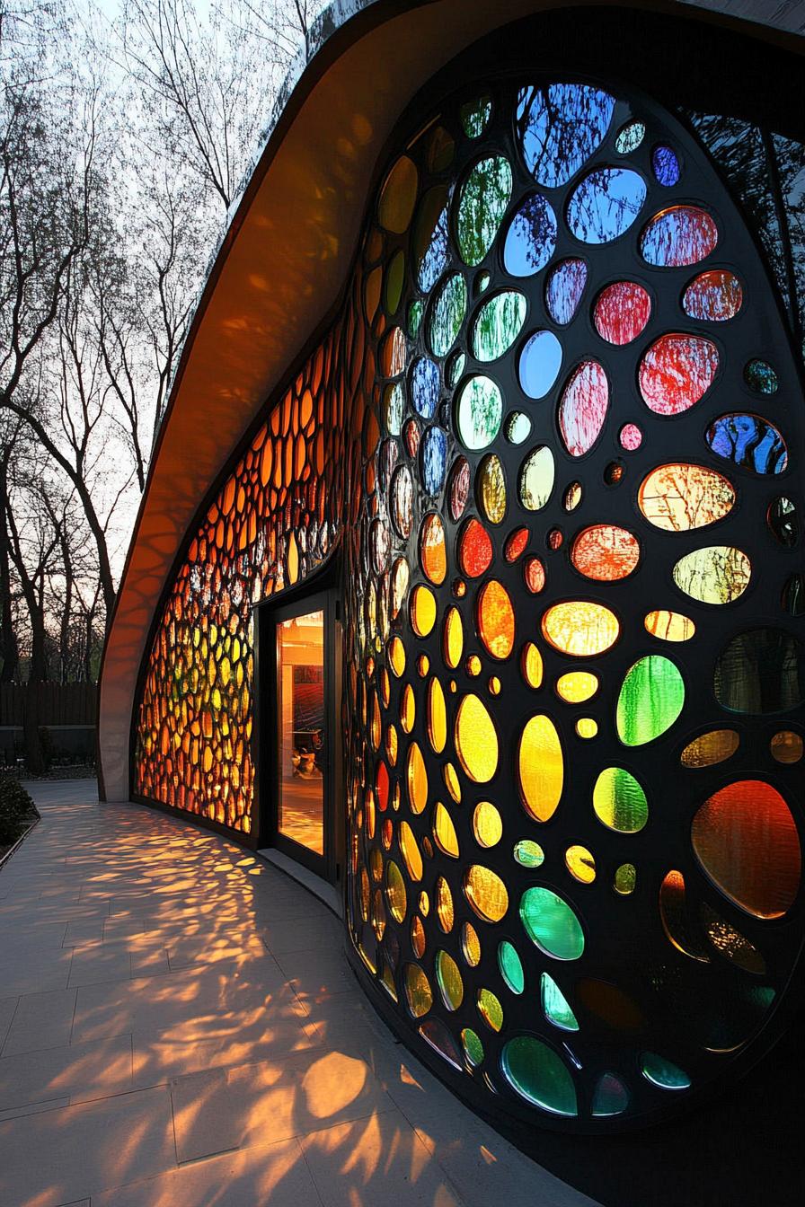 organic architecture house facade shell shaped with perforated wall filled with multi color glass daylight shines through the colored glass creating 2