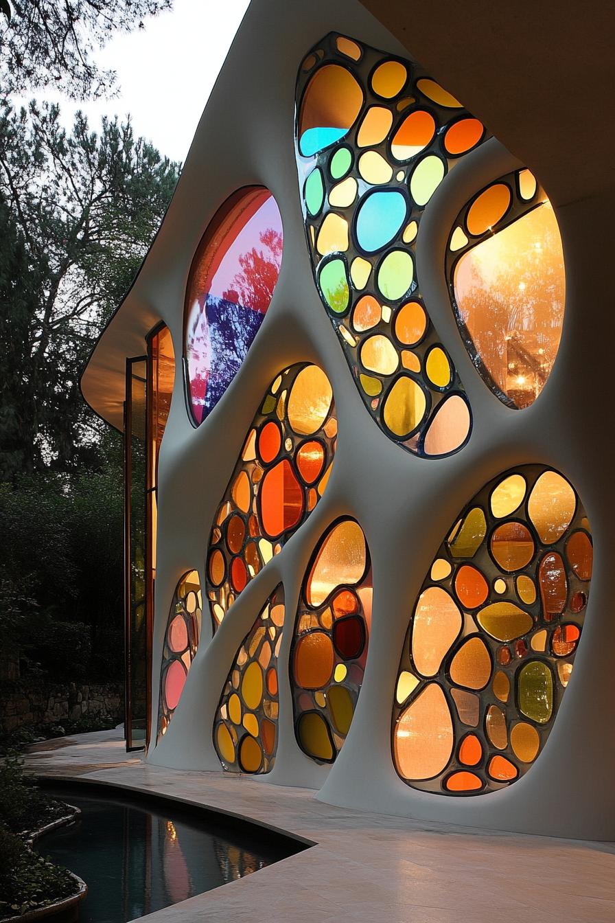 organic architecture house facade shell shaped with perforated wall filled with multi color glass daylight shines through the colored glass creating