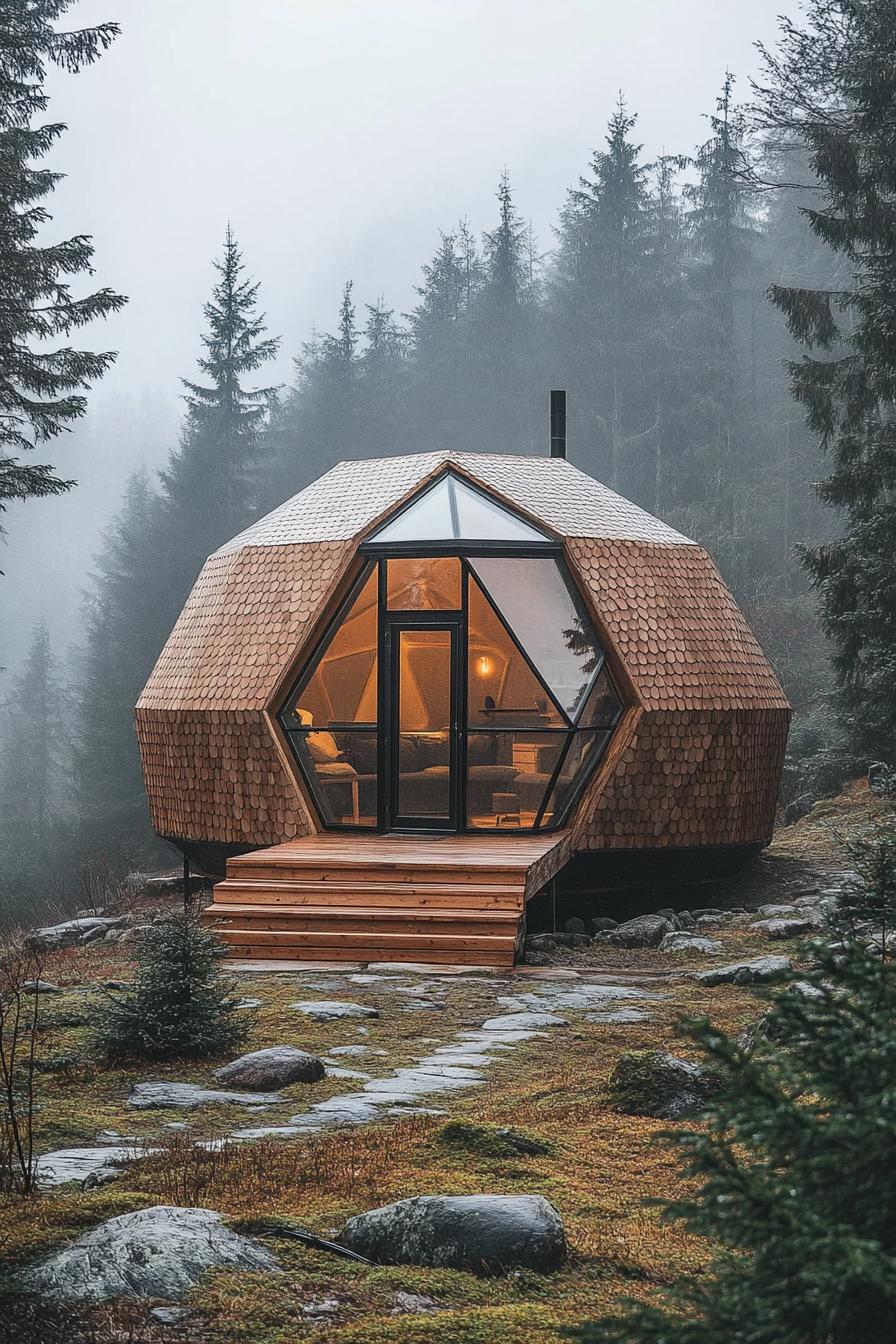 prefab geodesic dome cabin made of natural wood panels with a frame entry full glass entry wall in Scandinavian mountains 1