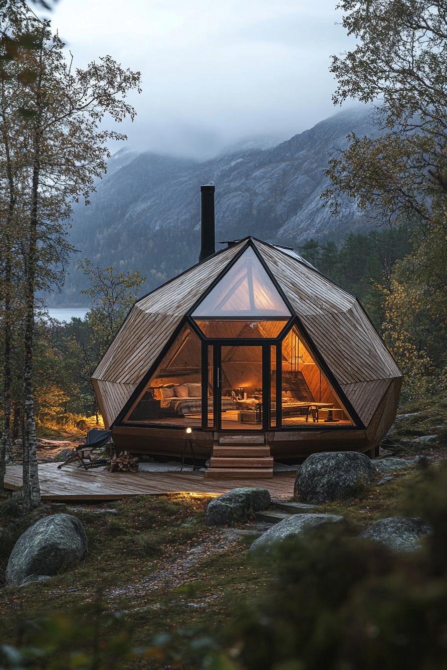 prefab geodesic dome cabin made of natural wood panels with a frame entry full glass entry wall in Scandinavian mountains