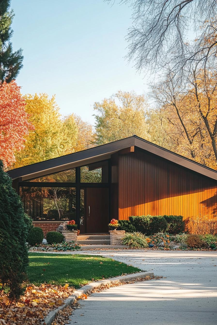 retro style mid century modern house facade with flat roof 1