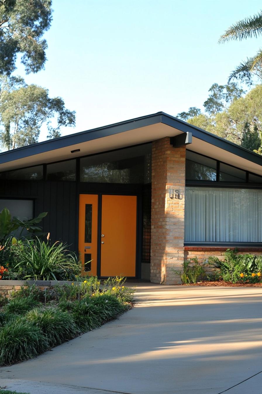 retro style mid century modern house facade with flat roof 2