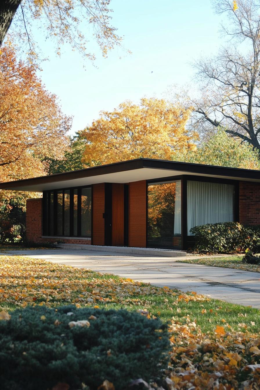 retro style mid century modern house facade with flat roof 3