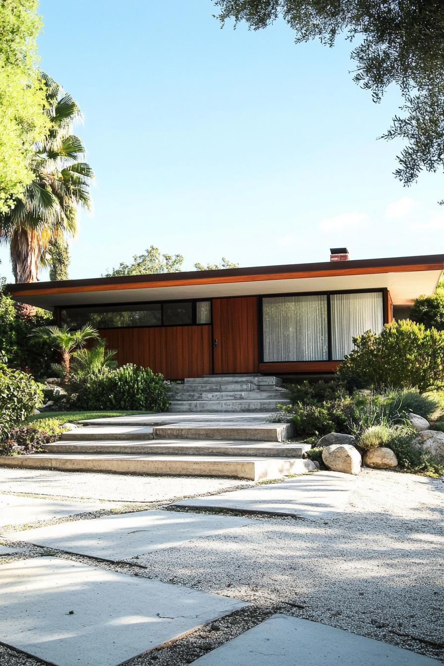 retro style mid century modern house facade with flat roof