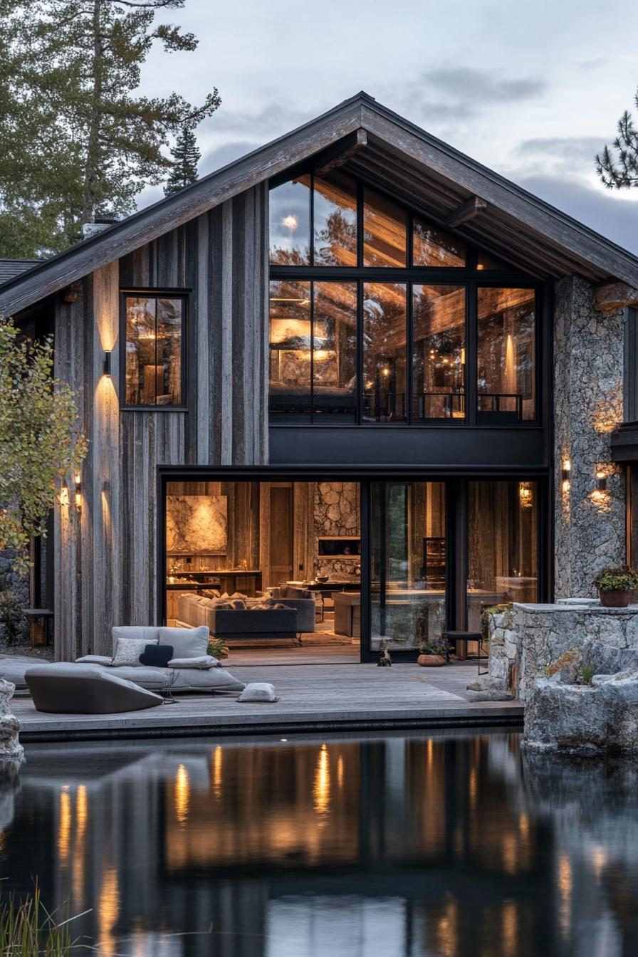 rustic modern lake house facade with weathered wood and stone accents 1