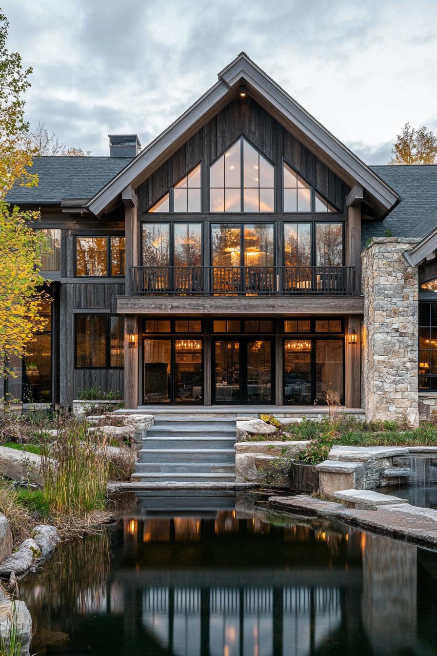 rustic modern lake house facade with weathered wood and stone accents 2