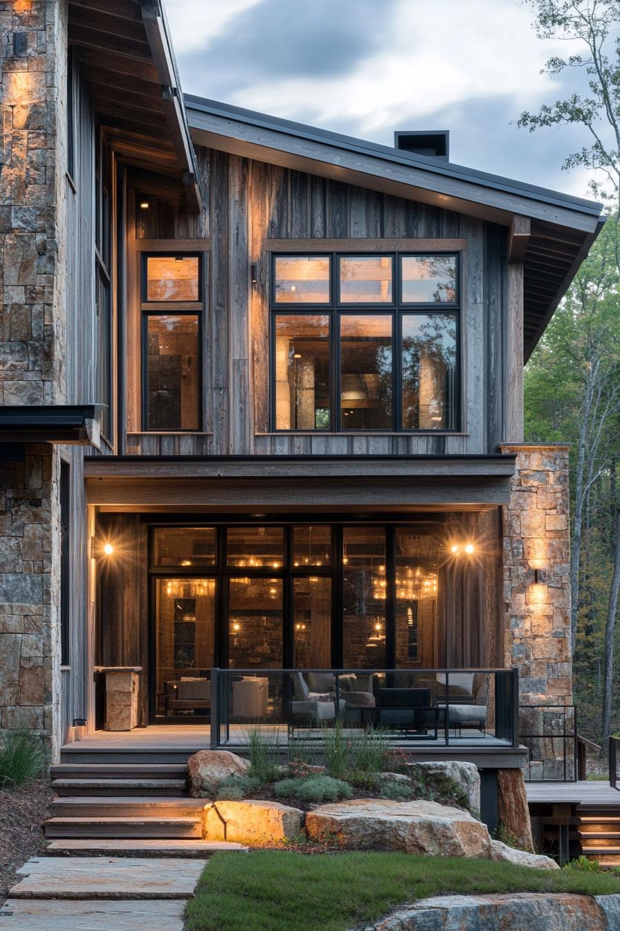 rustic modern lake house facade with weathered wood and stone accents 3