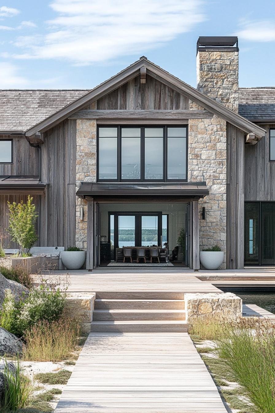 rustic modern lake house facade with weathered wood and stone accents