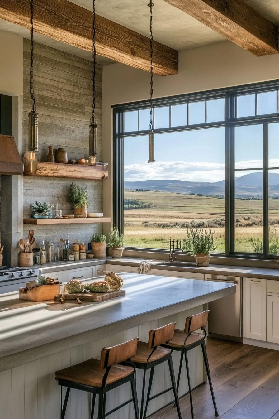 rustic ranch house interior open plan kitchen with large window modern elements stunning view of ranch fields outside 1