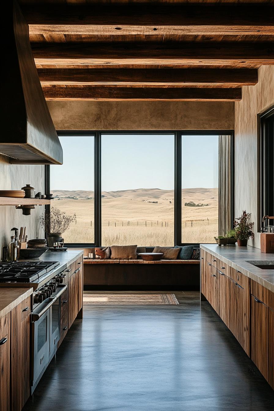 rustic ranch house interior open plan kitchen with large window modern elements stunning view of ranch fields outside