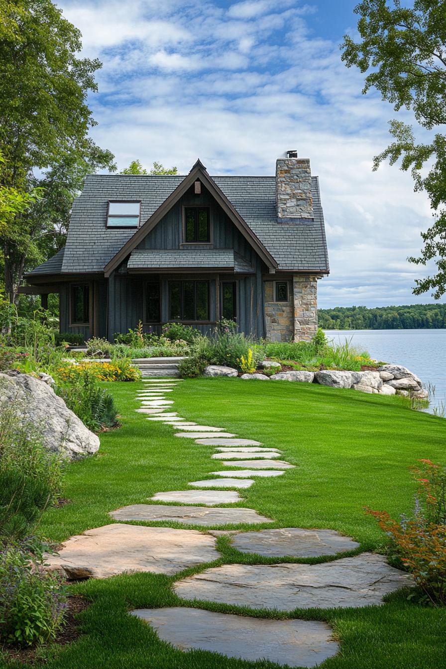 small cottage house on a lakeshore with lawn and stone paths