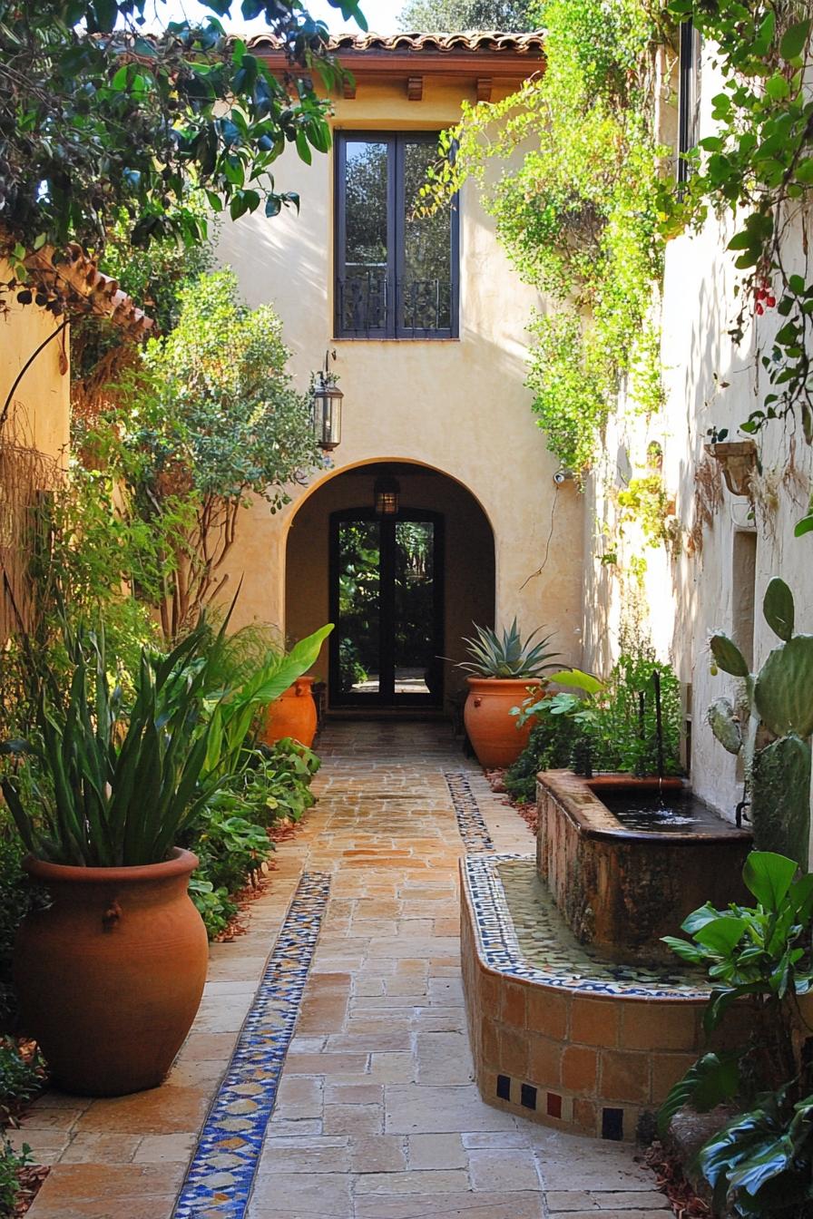 small courtyard of a mediterranean house arched front entry ground paved with large tile stucco walls lined with native plants there are large 1