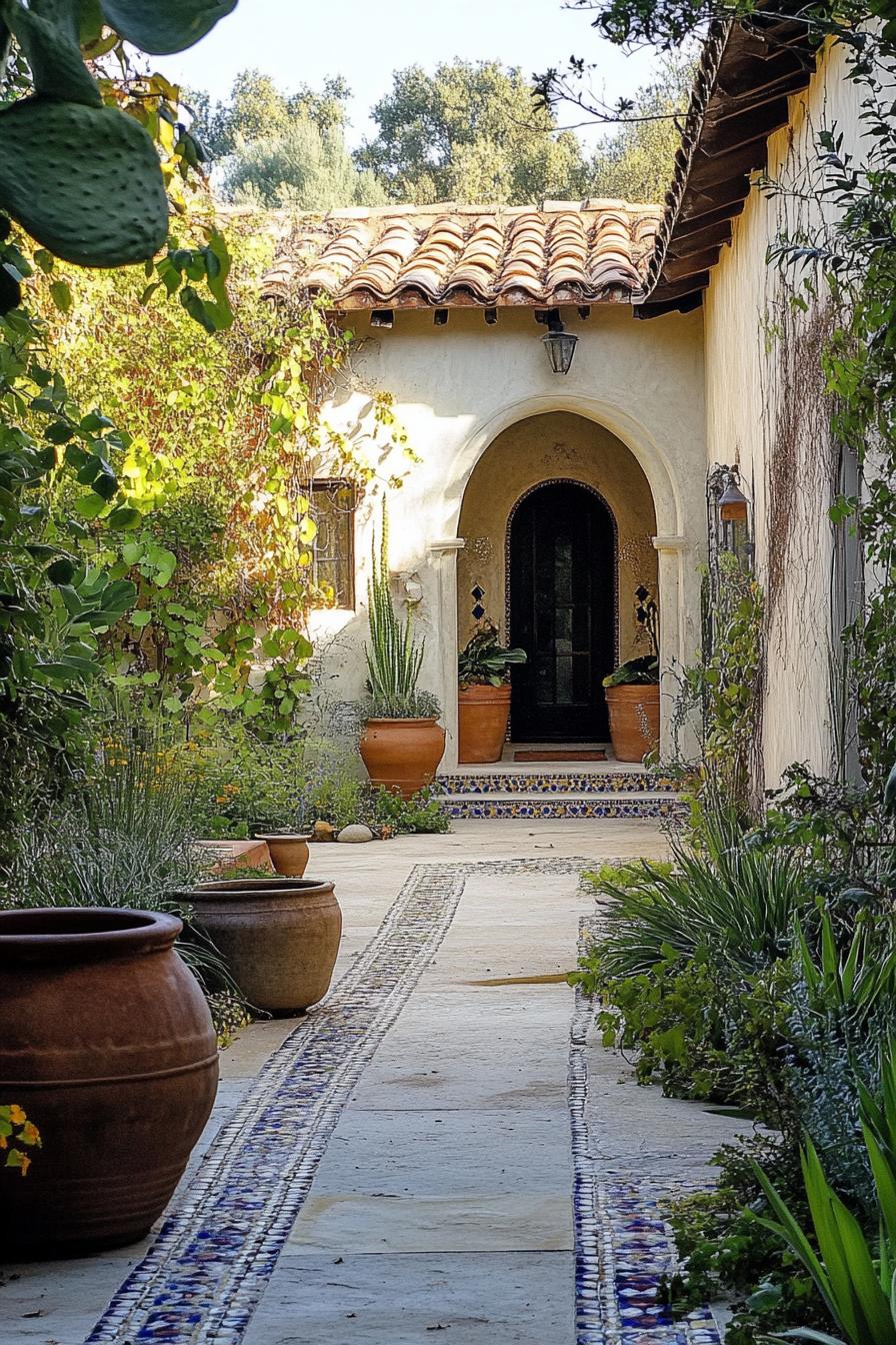 small courtyard of a mediterranean house arched front entry ground paved with large tile stucco walls lined with native plants there are large 2