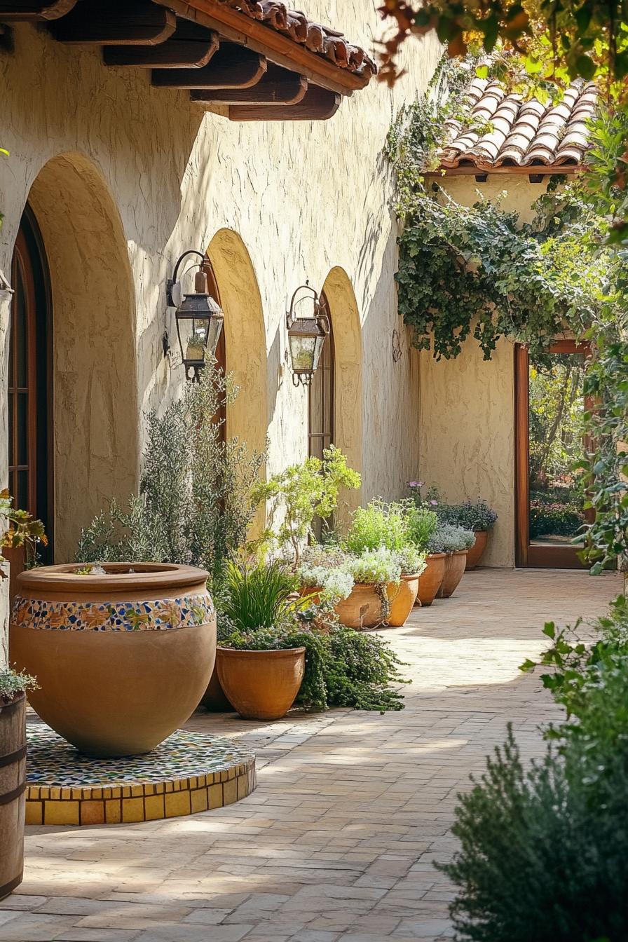 small courtyard of a mediterranean house arched front entry ground paved with large tile stucco walls lined with native plants there are large 3