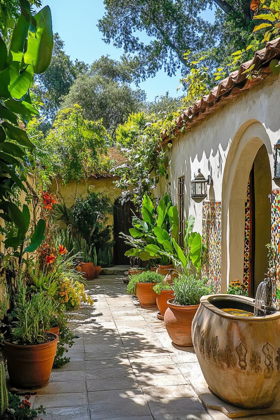 small courtyard of a mediterranean house arched front entry ground paved with large tile stucco walls lined with native plants there are large