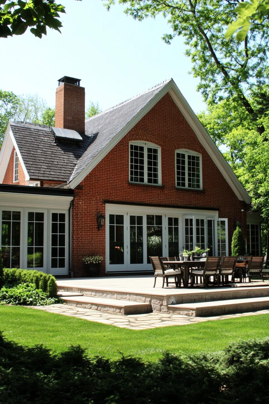 suburban red brick house with multi pitch roof and patio 1