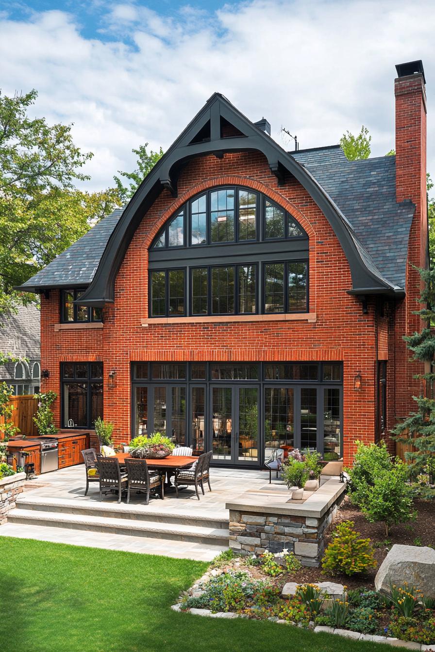 suburban red brick house with multi pitch roof and patio 2