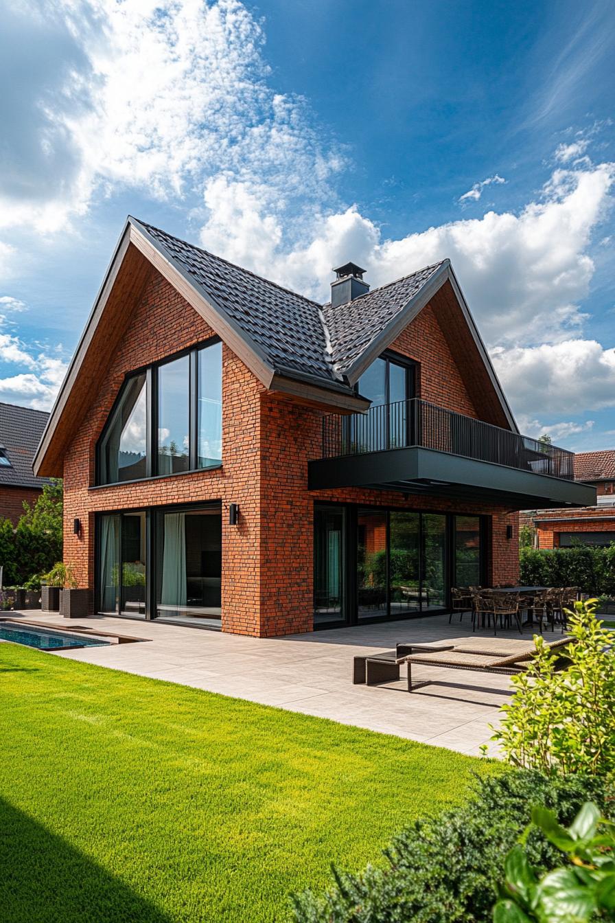 suburban red brick house with multi pitch roof and patio 3