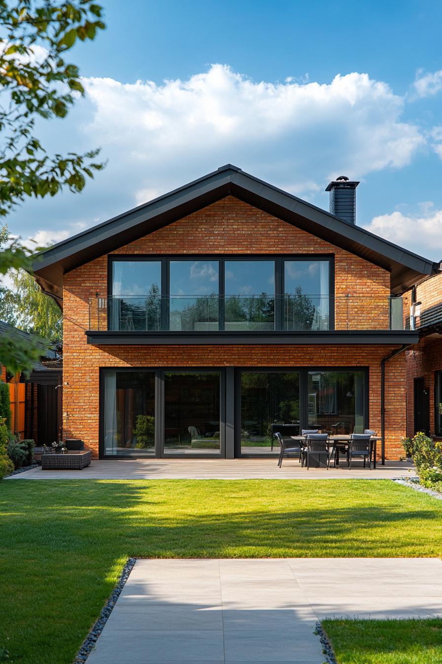 suburban red brick house with multi pitch roof and patio