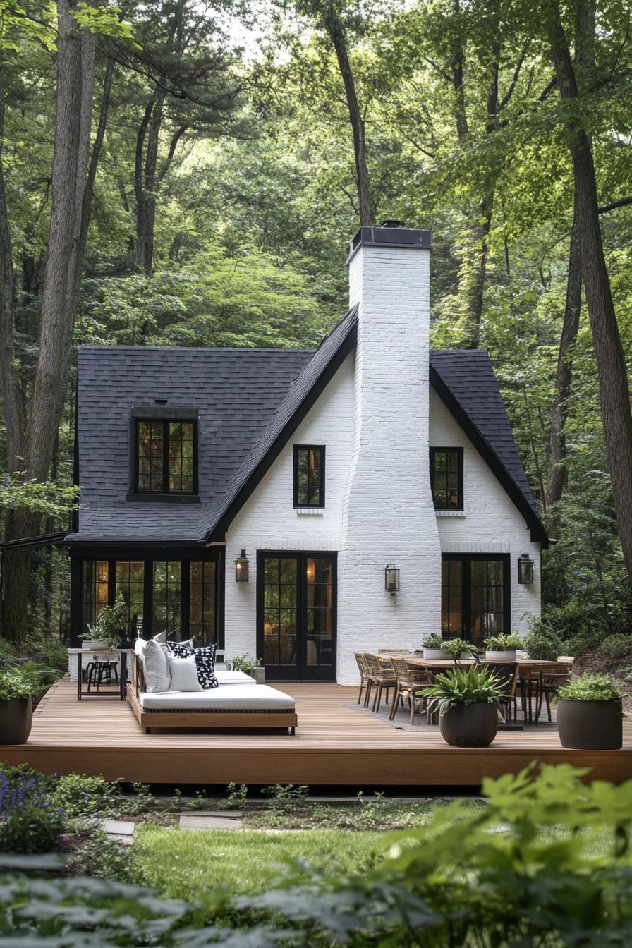 tiny forest cottage with steep pitch roof facade with white painted brick and black shingle roof chimney large black trim windows wooden deck in 1