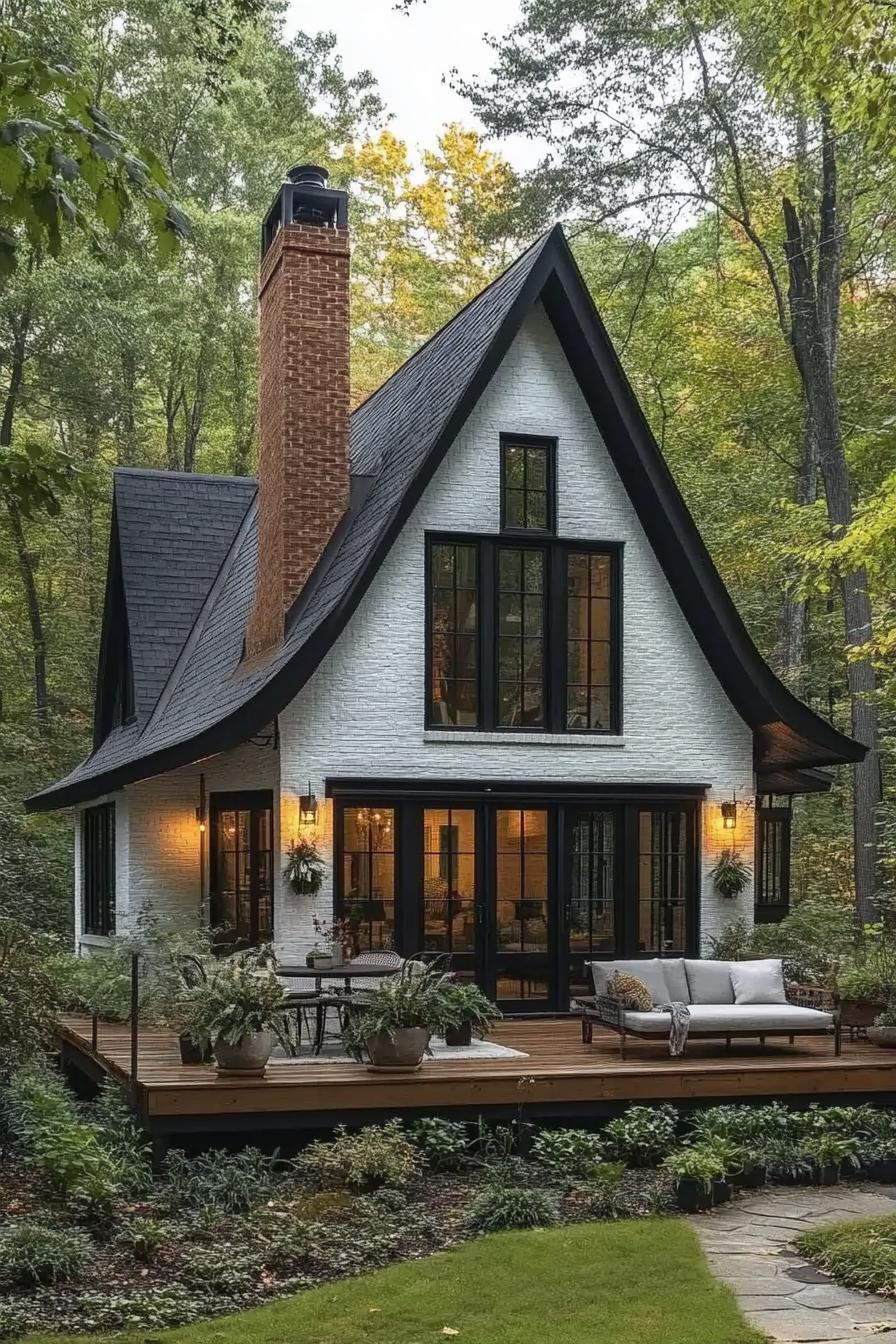 tiny forest cottage with steep pitch roof facade with white painted brick and black shingle roof chimney large black trim windows wooden deck in 2