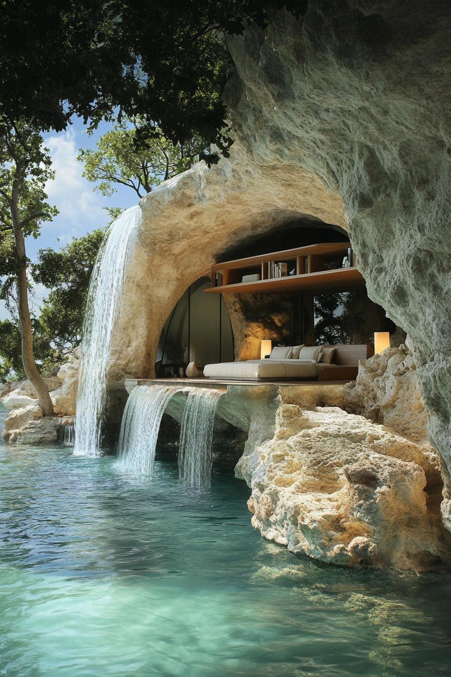 unusual home in a sea cave waterfall falling from an opening above trees are visible the living area is divided by cave pond theres a bed with 1