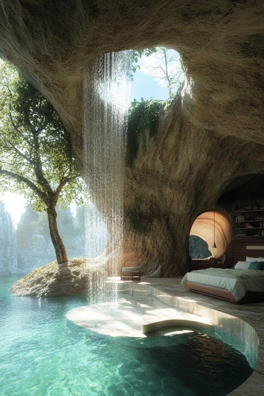 unusual home in a sea cave waterfall falling from an opening above trees are visible the living area is divided by cave pond theres a bed with