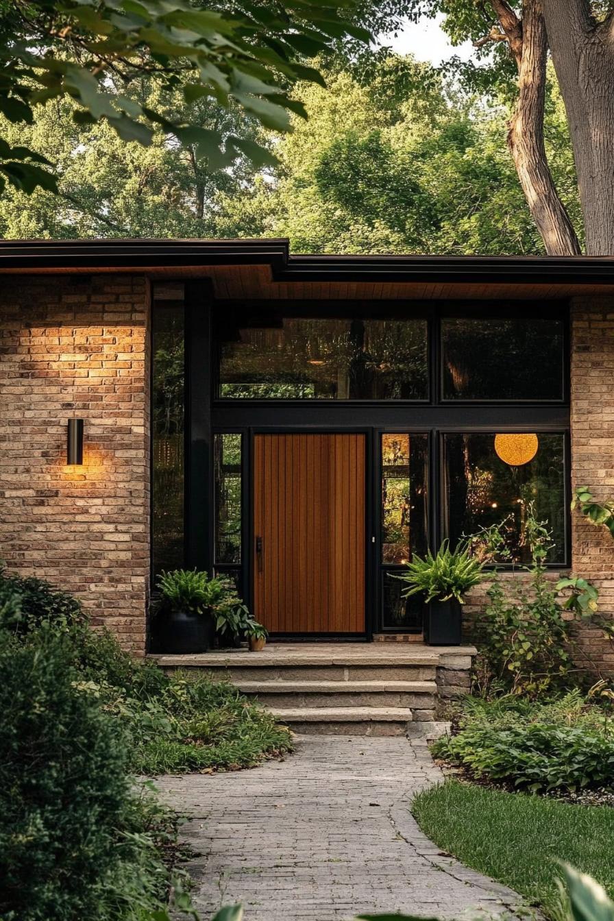 70s midcentury house facade with exposed brick French country landscape 1