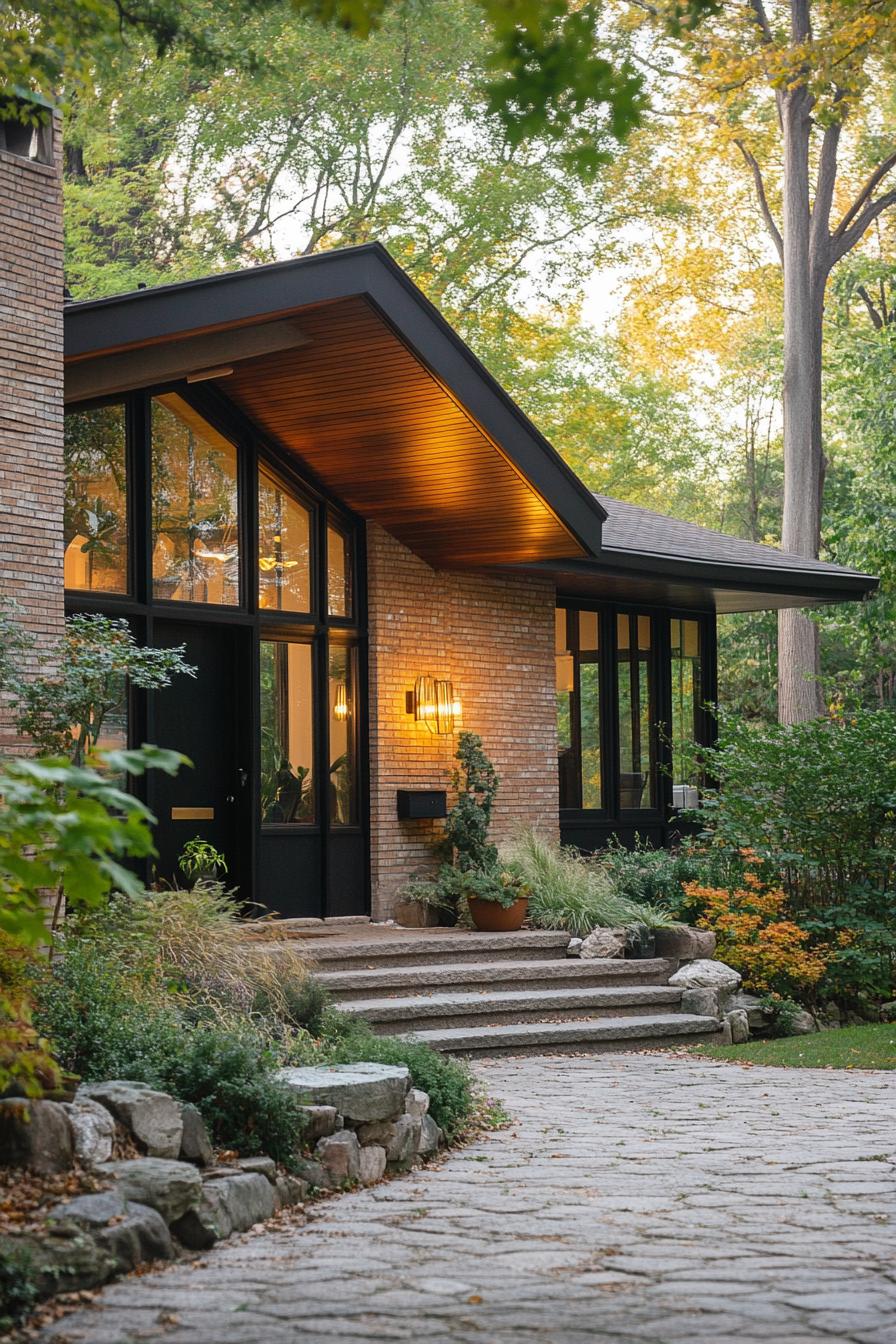 70s midcentury house facade with exposed brick French country landscape 2