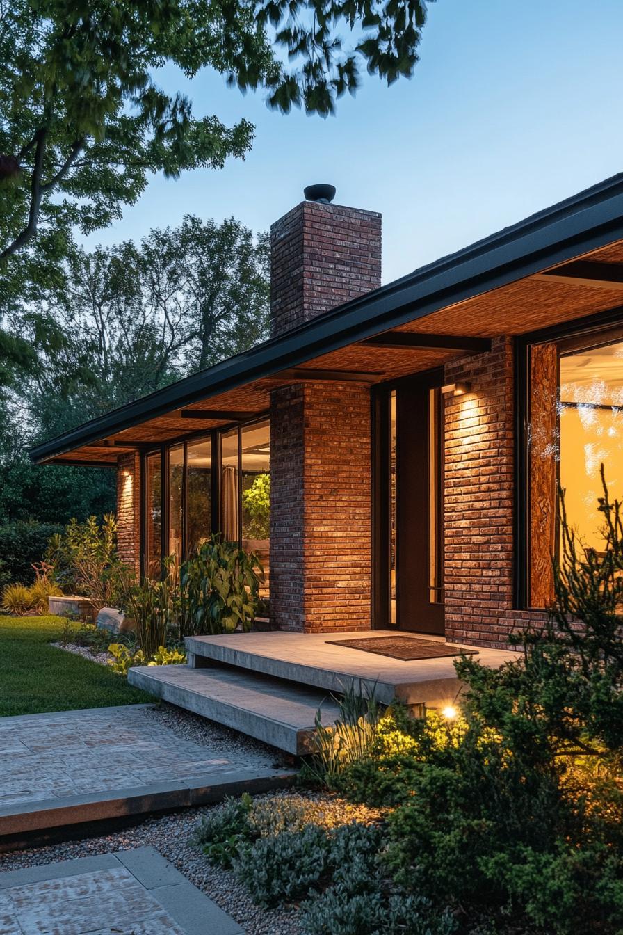 70s midcentury house facade with exposed brick French country landscape 3