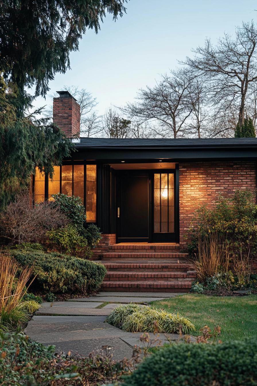 70s midcentury house facade with exposed brick French country landscape