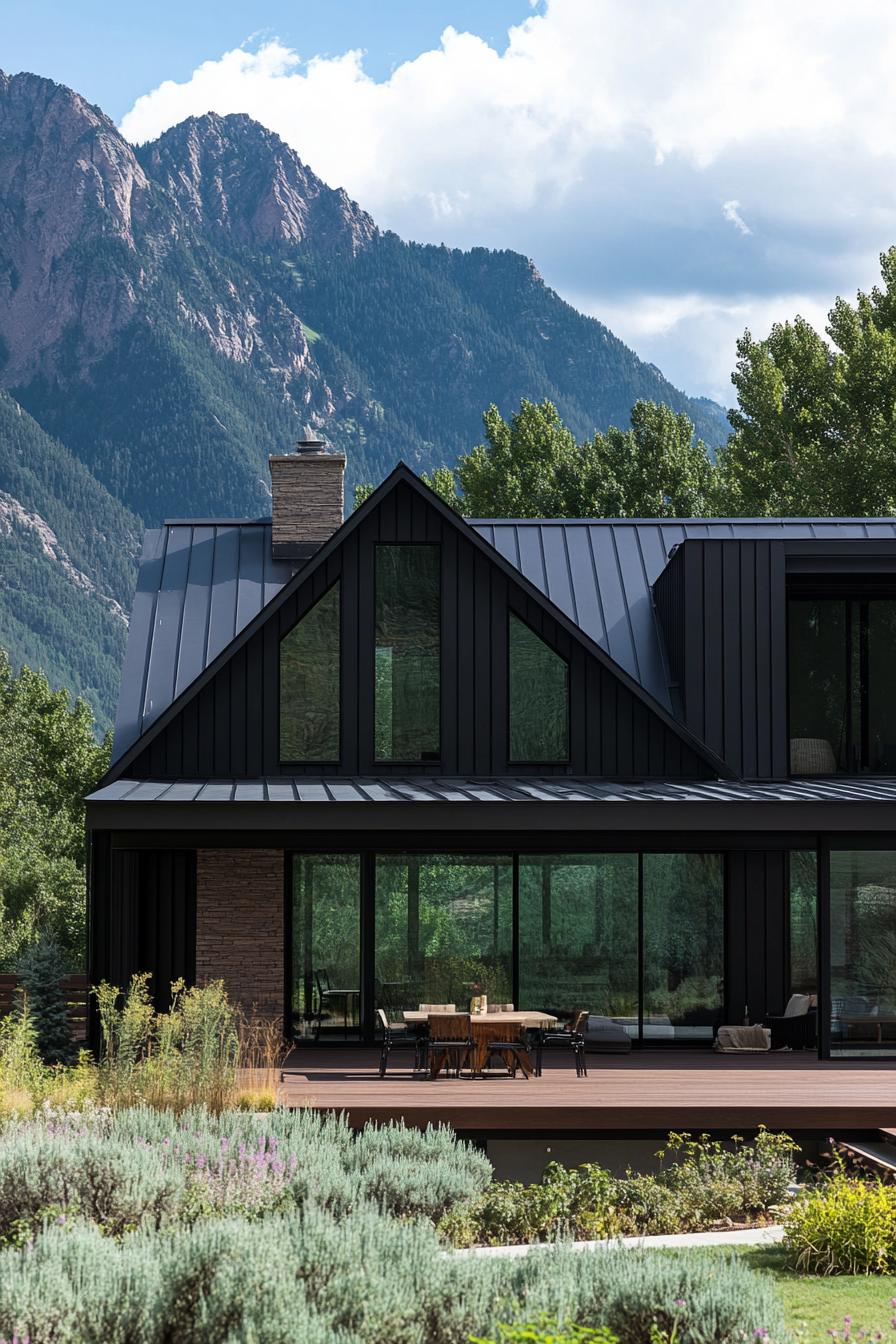 A modern house with dark metal roofing and black vertical siding is set against a backdrop of rugged mountain peaks. Large glass windows dominate the 1