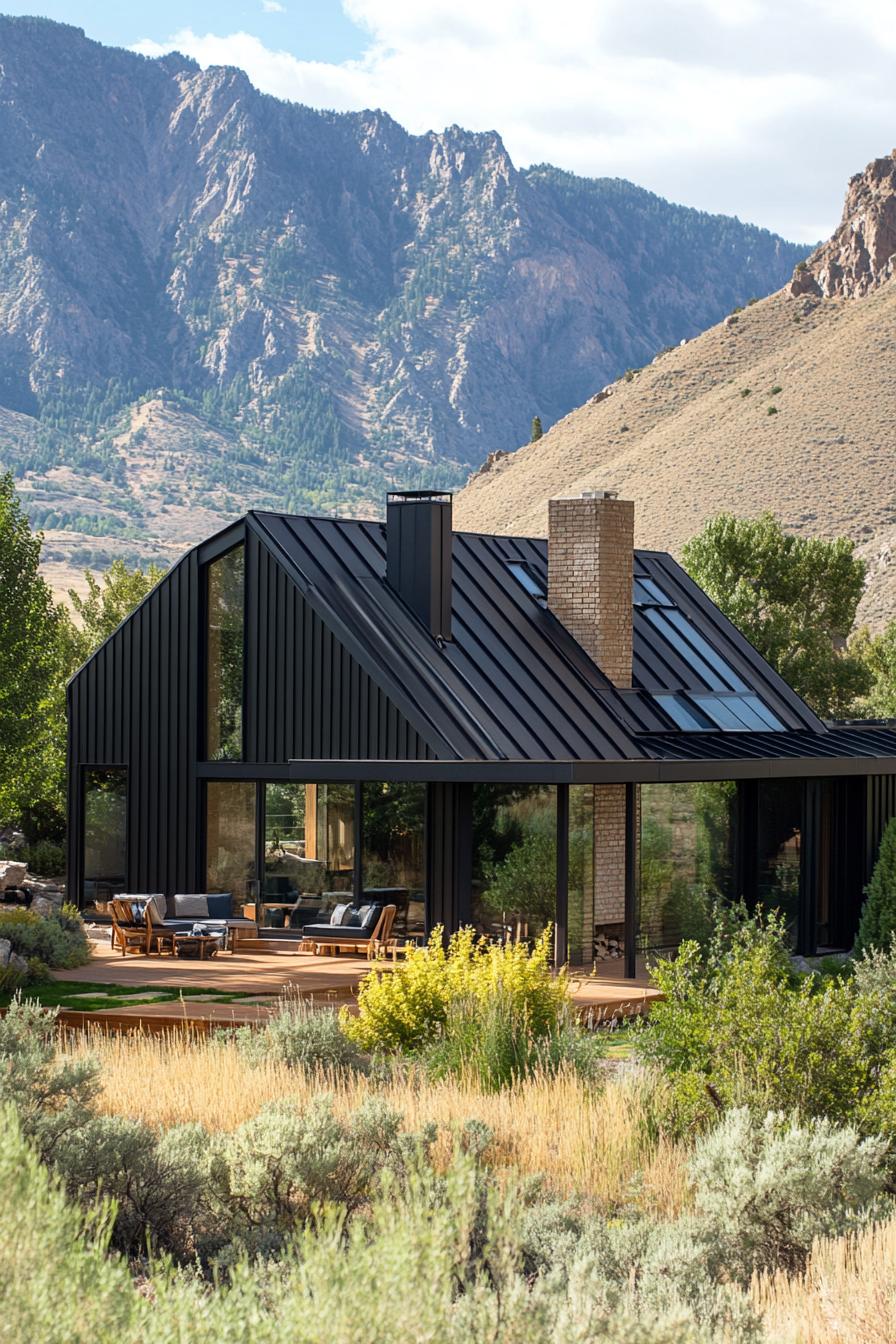 A modern house with dark metal roofing and black vertical siding is set against a backdrop of rugged mountain peaks. Large glass windows dominate the