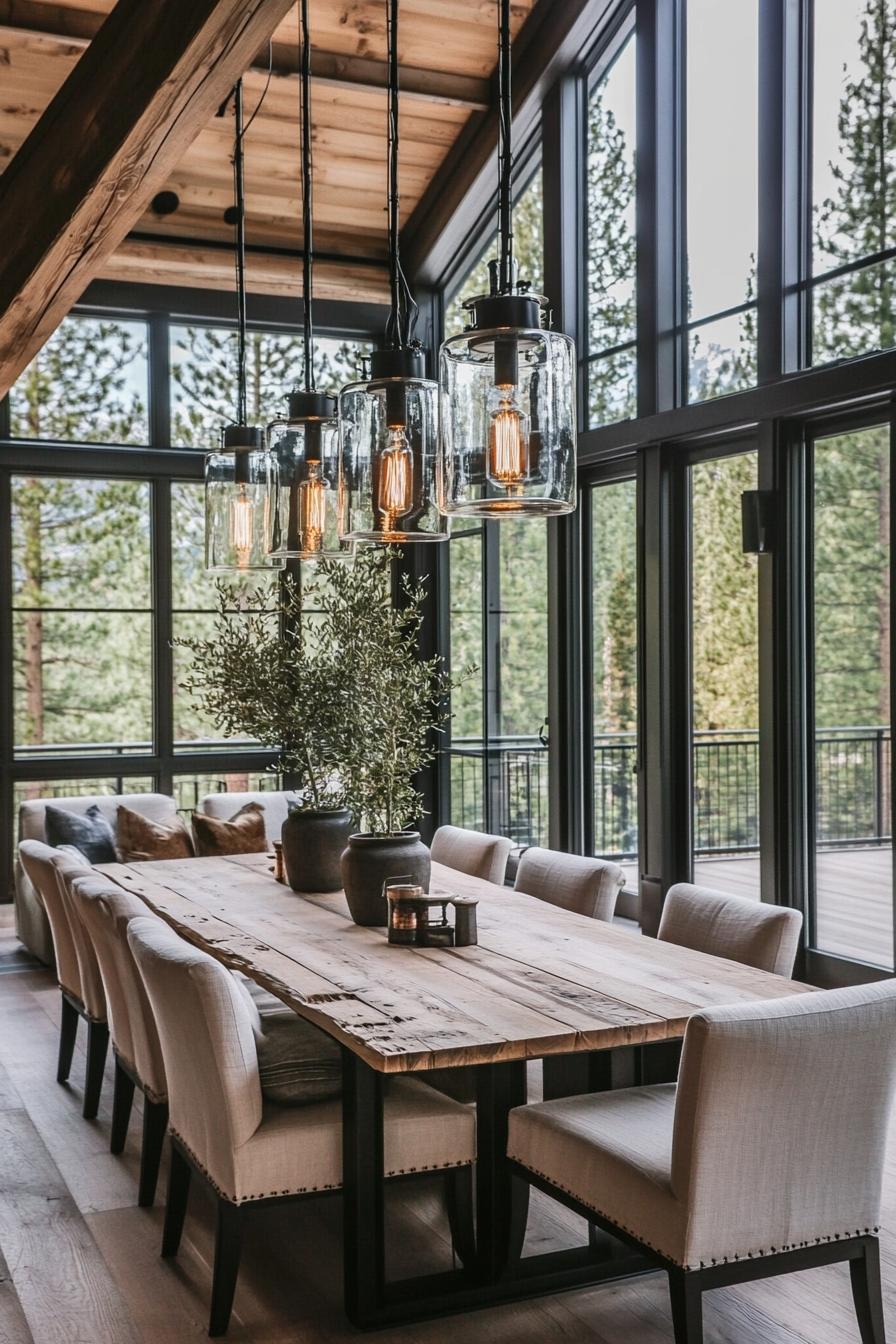 A spacious dining area featuring a long rustic wooden table surrounded by modern cushioned chairs in a neutral white tone. Overhead three 1