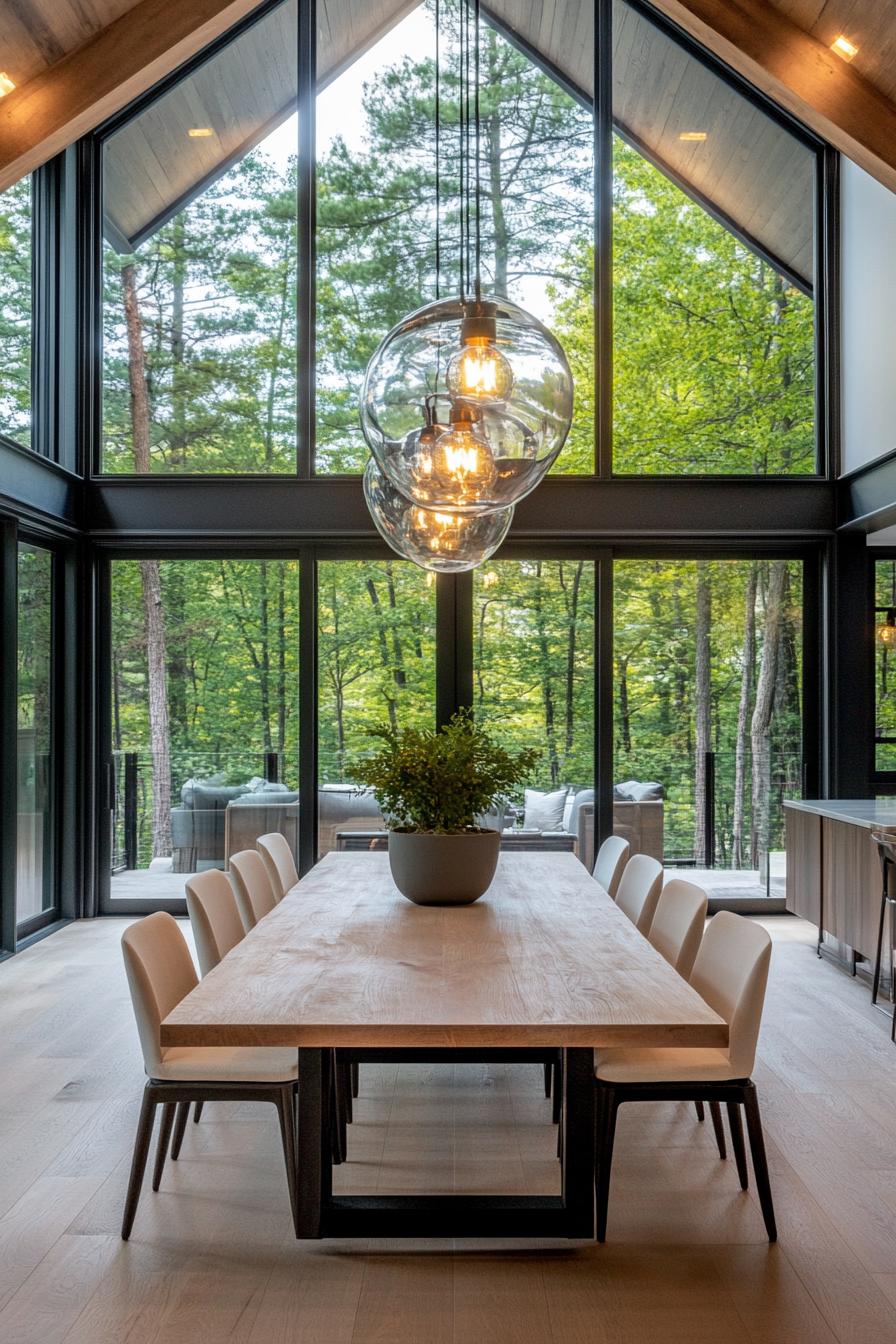 A spacious dining area featuring a long rustic wooden table surrounded by modern cushioned chairs in a neutral white tone. Overhead three 2