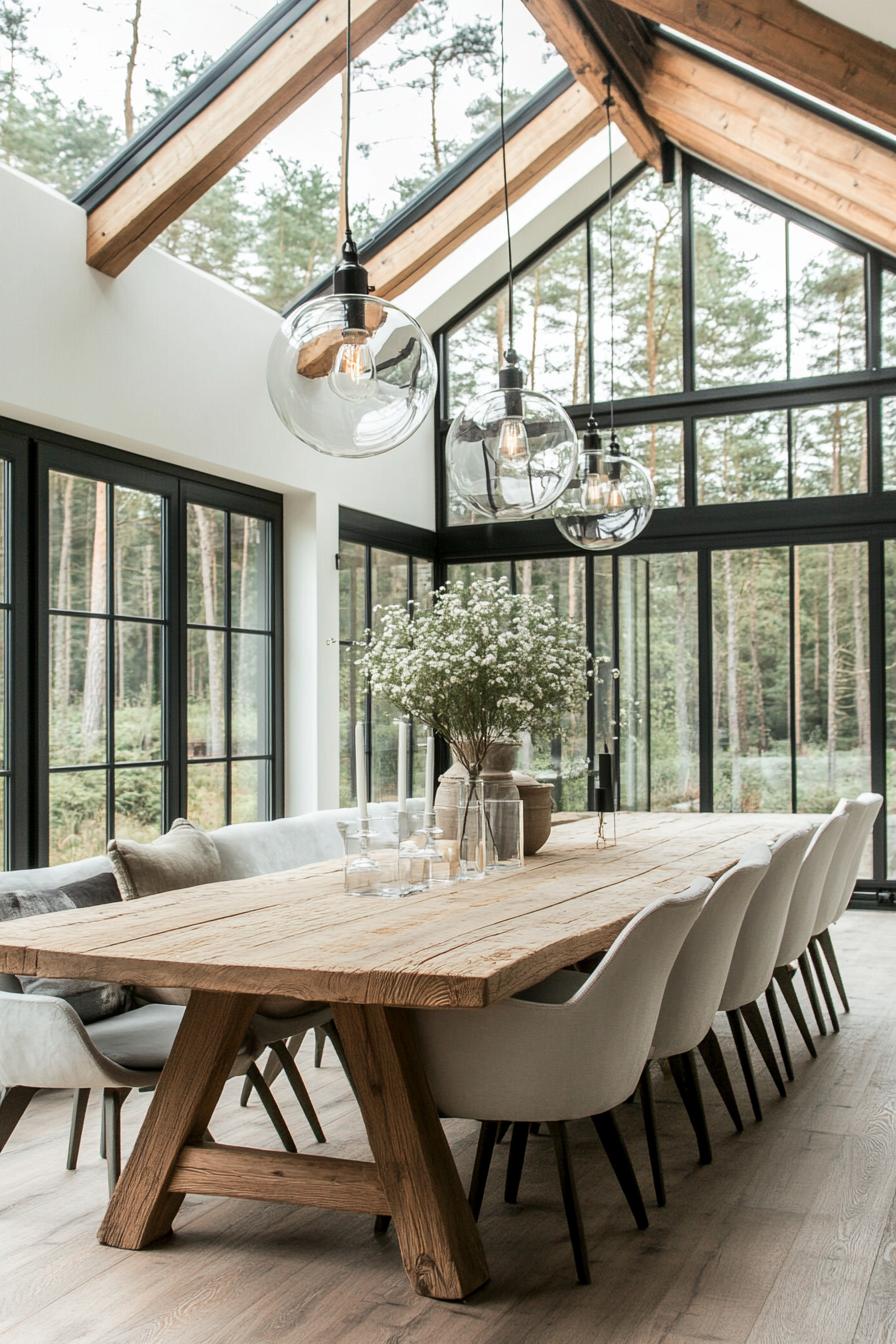 A spacious dining area featuring a long rustic wooden table surrounded by modern cushioned chairs in a neutral white tone. Overhead three