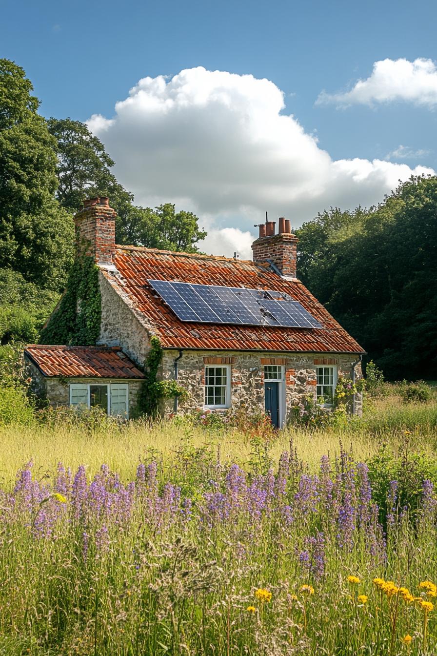 English cottage with gabled roof and solar panels sunny summer fields 1