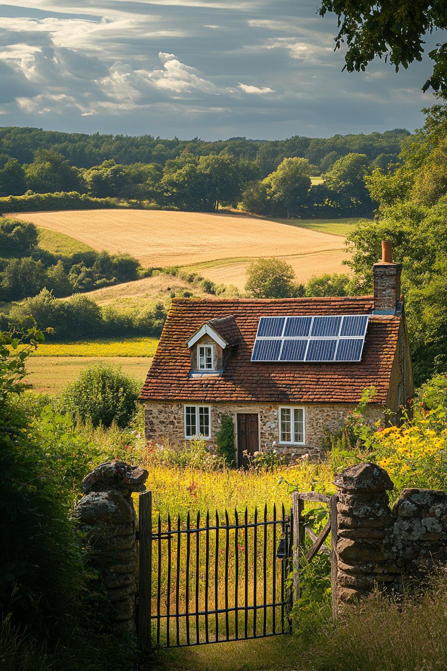 English cottage with gabled roof and solar panels sunny summer fields 2