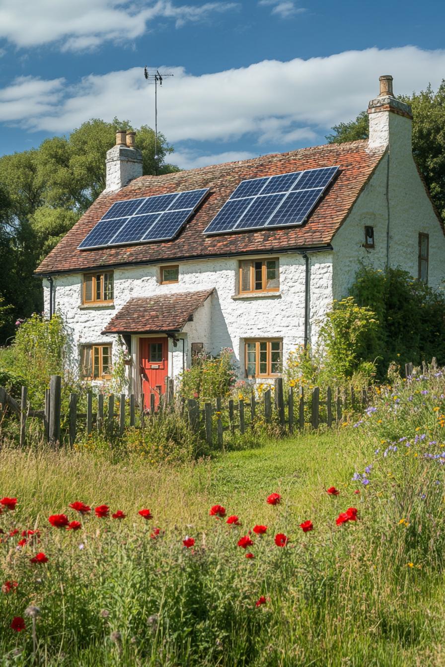 English cottage with gabled roof and solar panels sunny summer fields 3