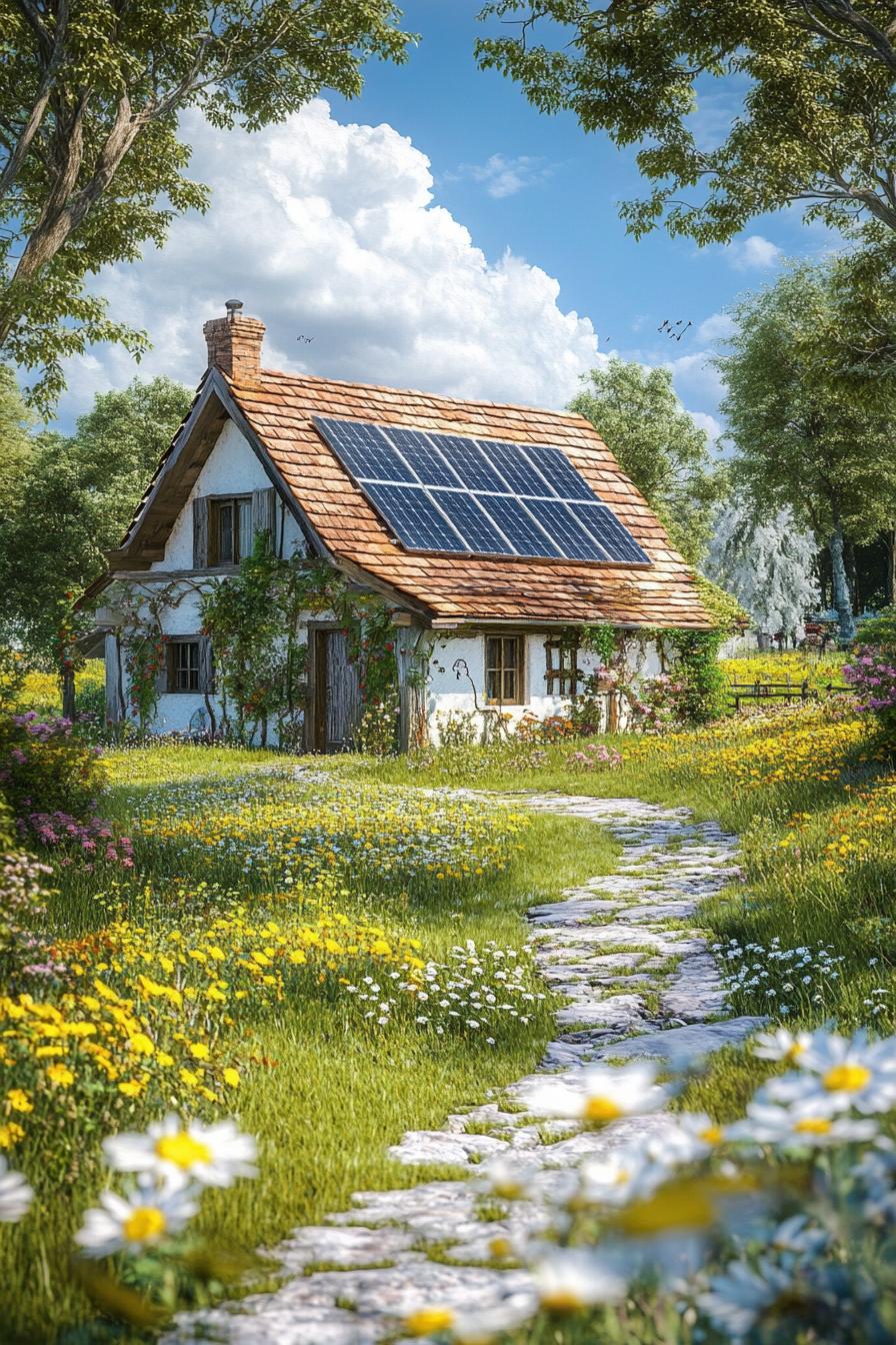 English cottage with gabled roof and solar panels sunny summer fields