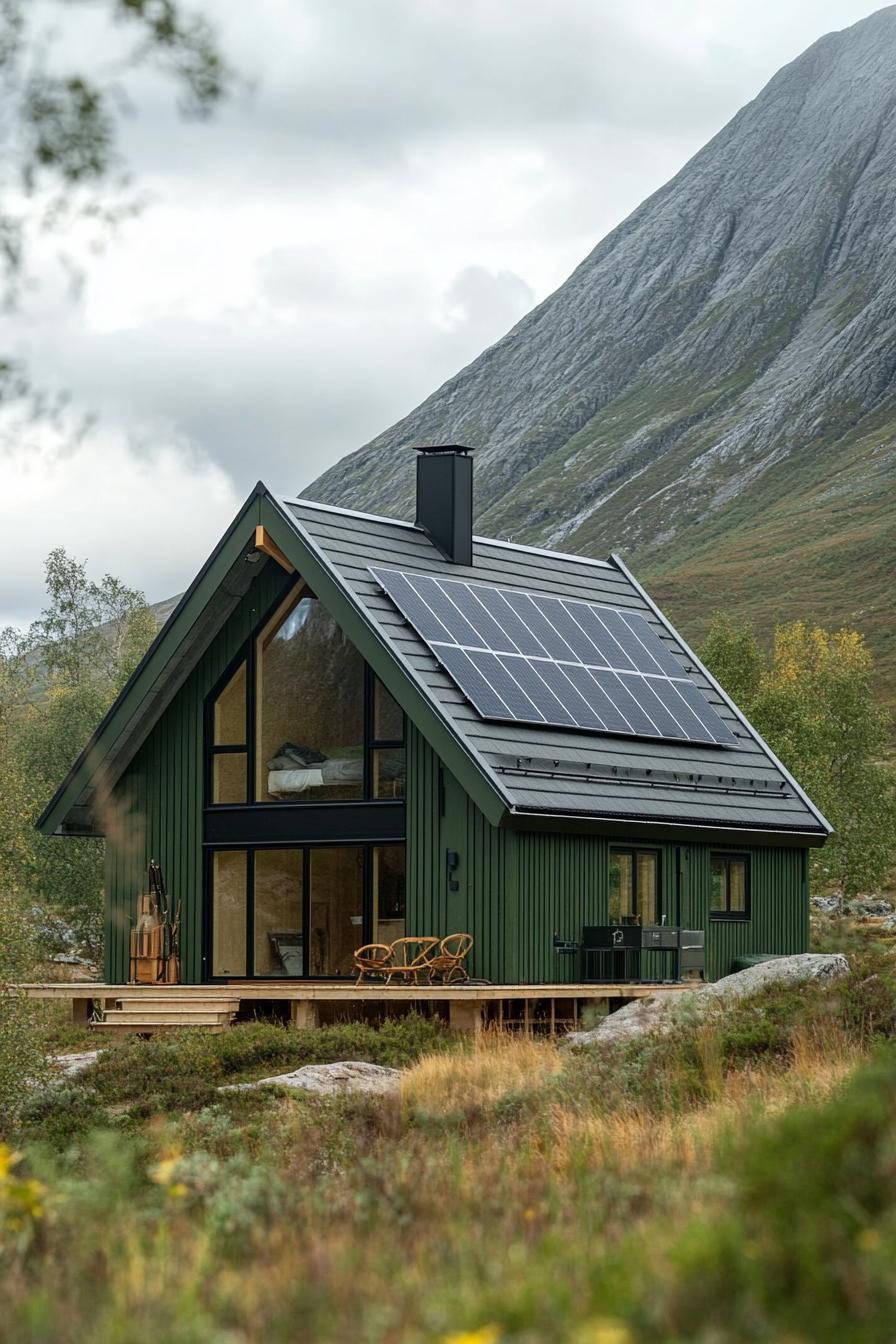 a frame mountain house in charteuse green siding grey slate roof with solar panels Scandinavian mountain landscape 1