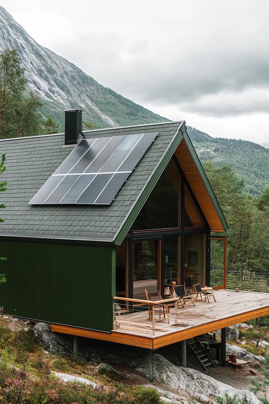 a frame mountain house in charteuse green siding grey slate roof with solar panels Scandinavian mountain landscape 2