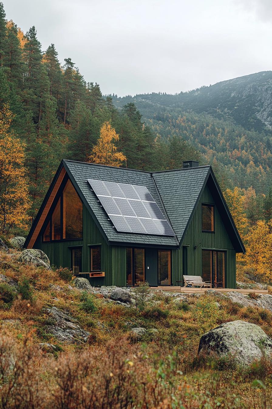 a frame mountain house in charteuse green siding grey slate roof with solar panels Scandinavian mountain landscape 3