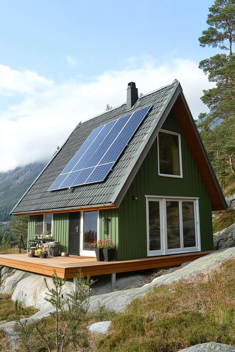 a frame mountain house in charteuse green siding grey slate roof with solar panels Scandinavian mountain landscape