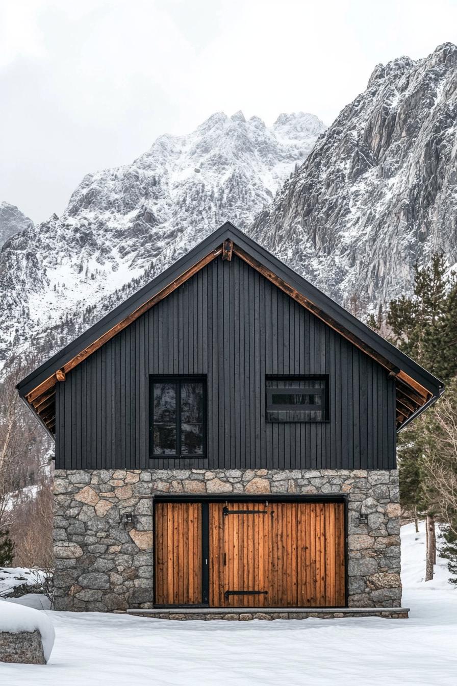 barn style modern mountain house with stone foundation rustic slatted facade barn door with rusted accents imposing Scandinavian mountains in the background winter 1