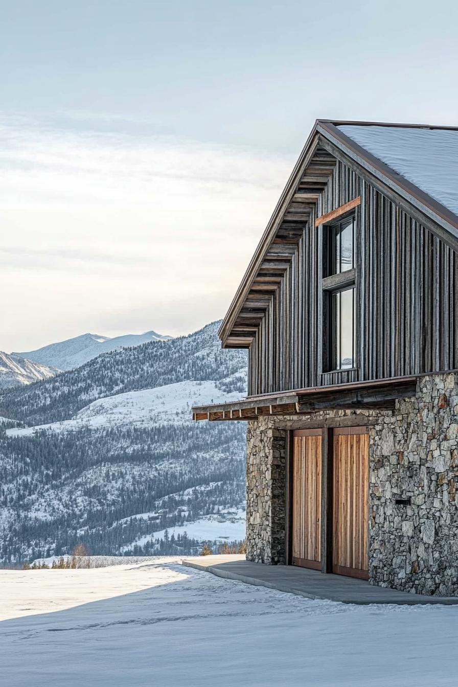 barn style modern mountain house with stone foundation rustic slatted facade barn door with rusted accents imposing Scandinavian mountains in the background winter 2